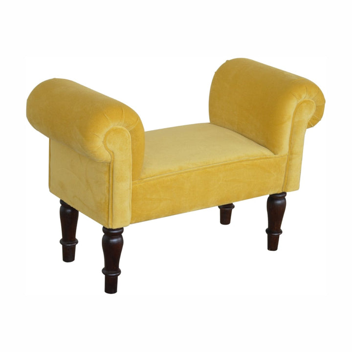 Mustard Mini Velvet Bench - Solid Mango Wood Seating Furniture for Entryway - product view 4 showing handcrafted solid...