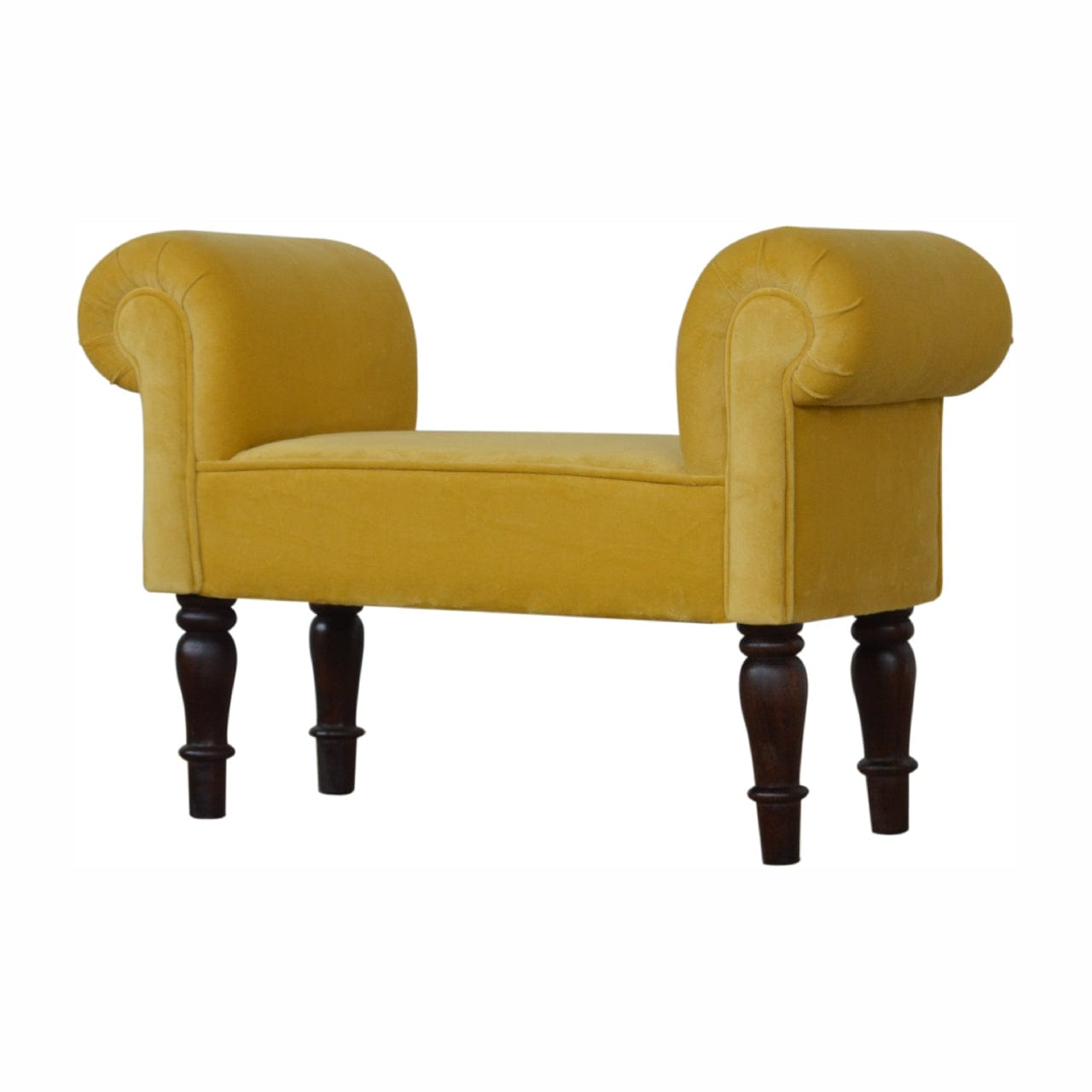 Mustard Mini Velvet Bench - Solid Mango Wood Seating Furniture for Entryway - product view 2 showing handcrafted solid...