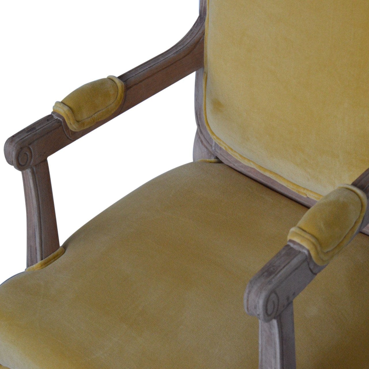 Mustard Velvet French Chair in Solid Mango Wood - product view 4 showing handcrafted solid mango wood chair