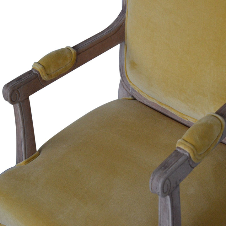 Mustard Velvet French Chair in Solid Mango Wood - product view 4 showing handcrafted solid mango wood chair