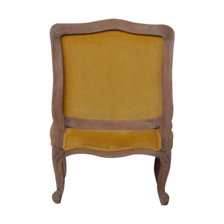 Mustard Velvet French Chair in Solid Mango Wood - product view 8 showing handcrafted solid mango wood chair