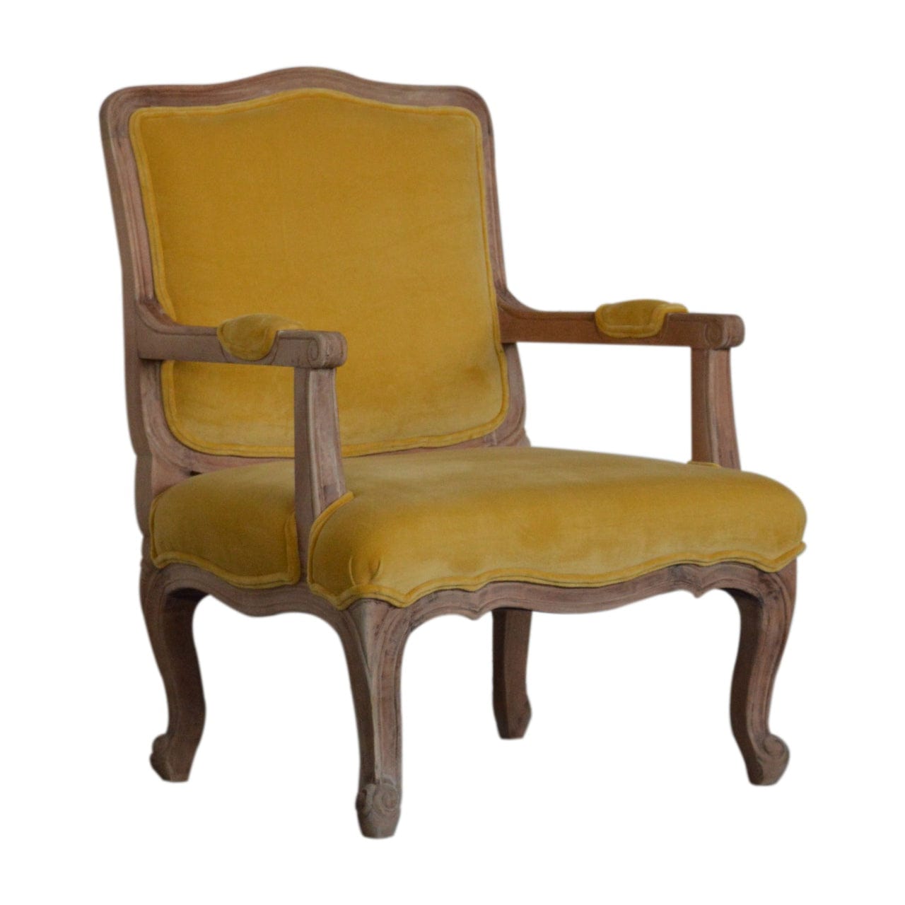 Mustard Velvet French Chair in Solid Mango Wood - product view 2 showing handcrafted solid mango wood chair