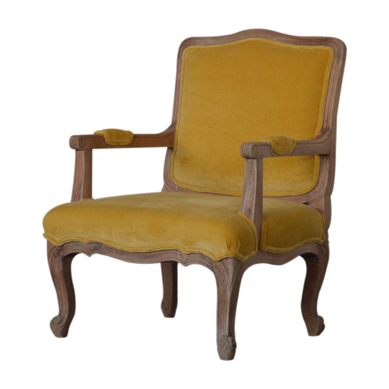 Mustard Velvet French Chair in Solid Mango Wood - main view showing handcrafted solid mango wood chair