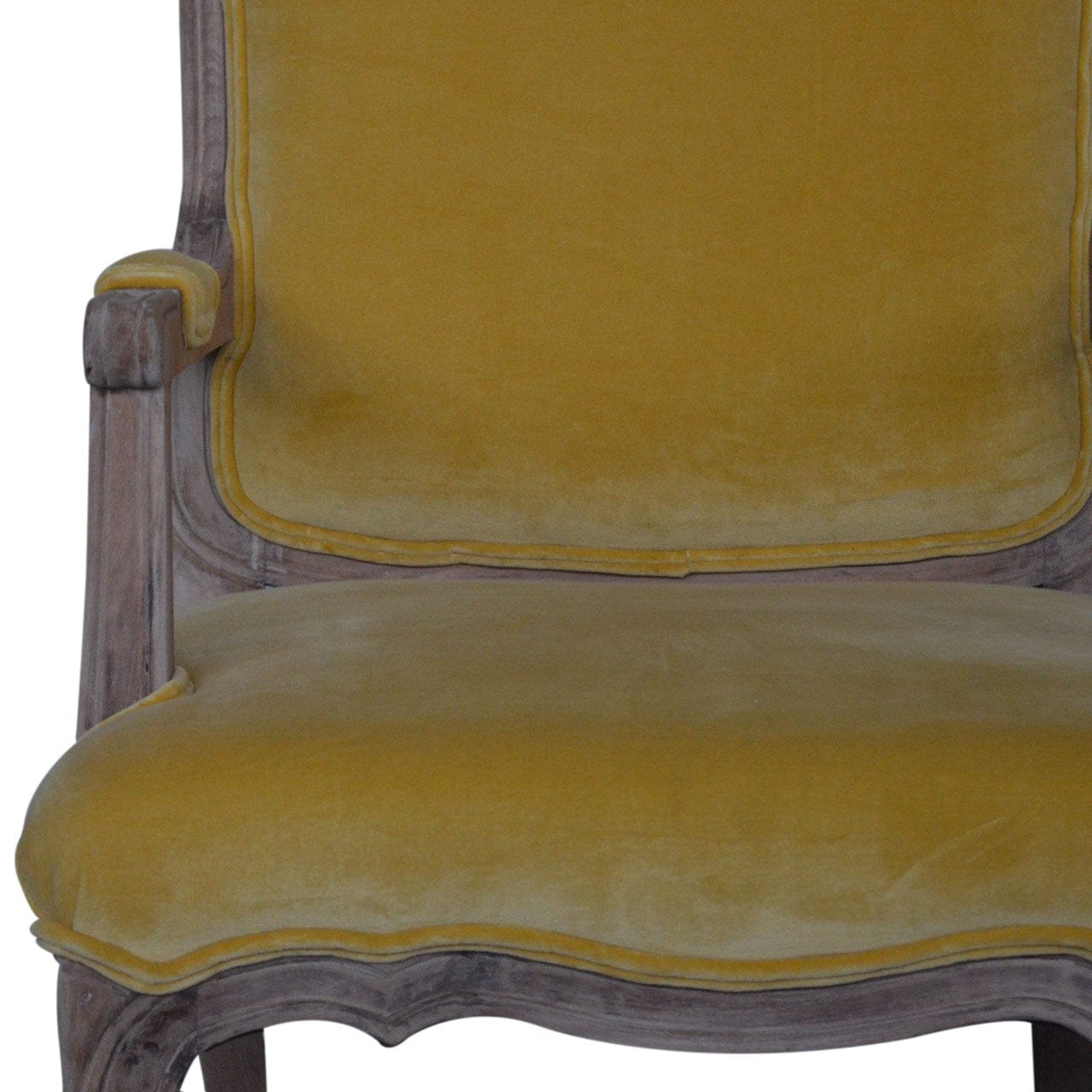 Mustard Velvet French Chair in Solid Mango Wood - product view 5 showing handcrafted solid mango wood chair
