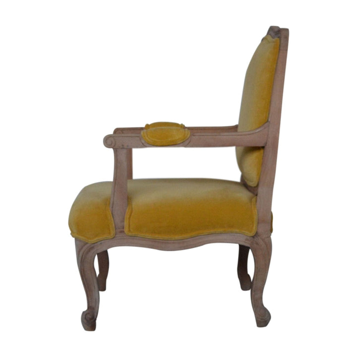 Mustard Velvet French Chair in Solid Mango Wood - product view 7 showing handcrafted solid mango wood chair