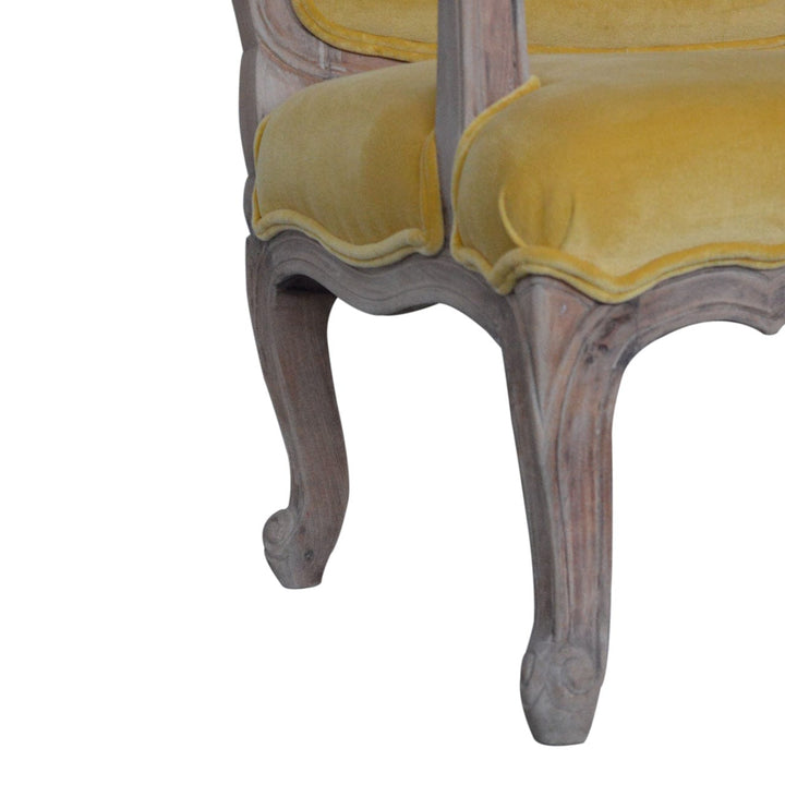 Mustard Velvet French Chair in Solid Mango Wood - product view 6 showing handcrafted solid mango wood chair