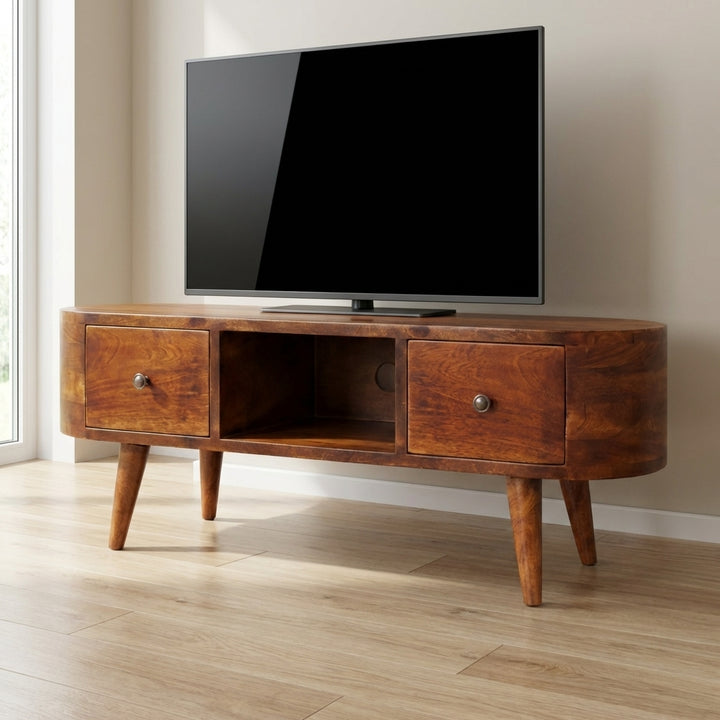 Chestnut Round Open TV Stand - Solid Mango Wood Entertainment Center for Living Room - main view showing handcrafted...