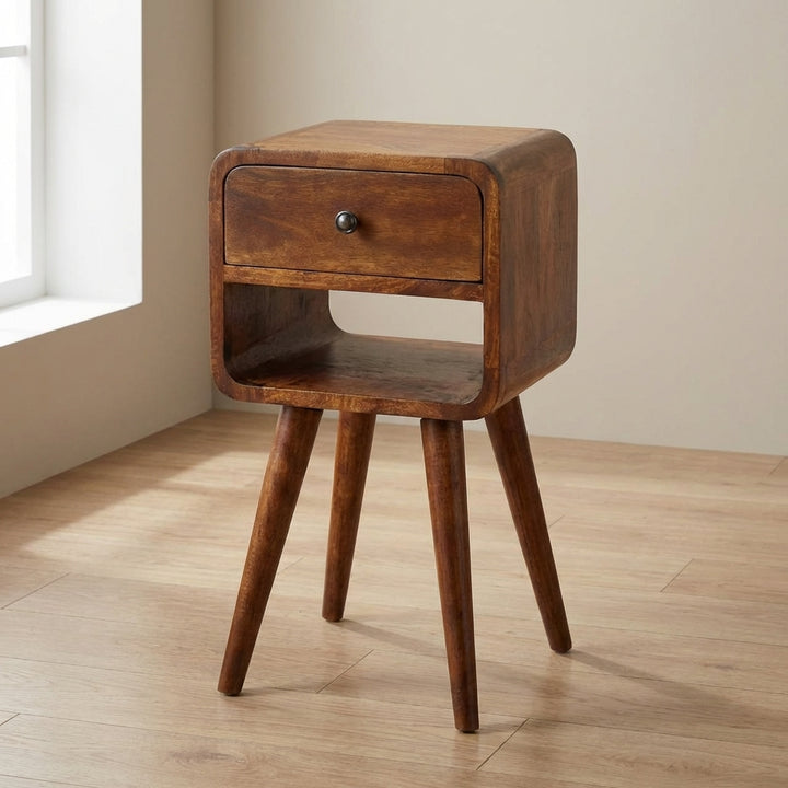 Mini Chestnut Curve Lower Nightstand - Solid Mango Wood Bedside Table for Bedroom - main view showing handcrafted solid...
