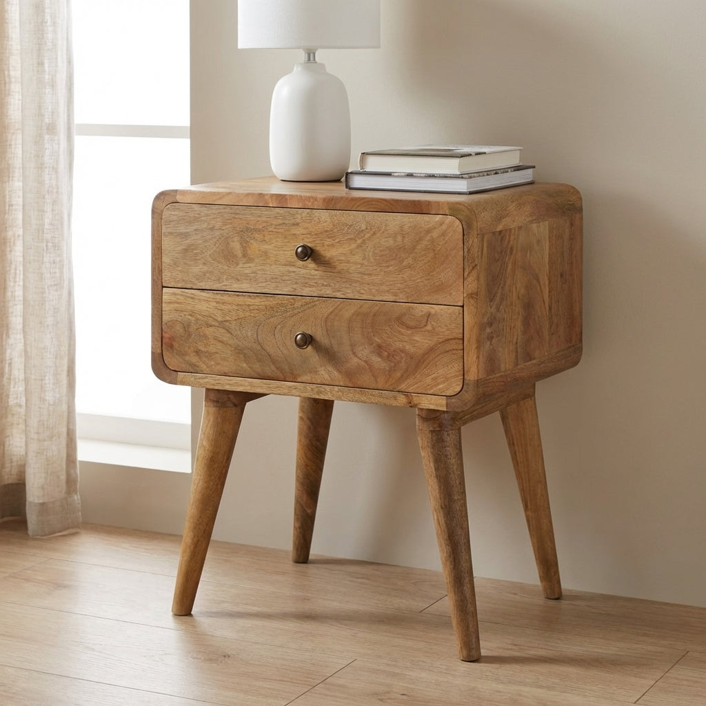 Curved Oak-ish Nightstand - Solid Mango Wood Bedside Table for Bedroom - main view showing handcrafted solid mango wood...