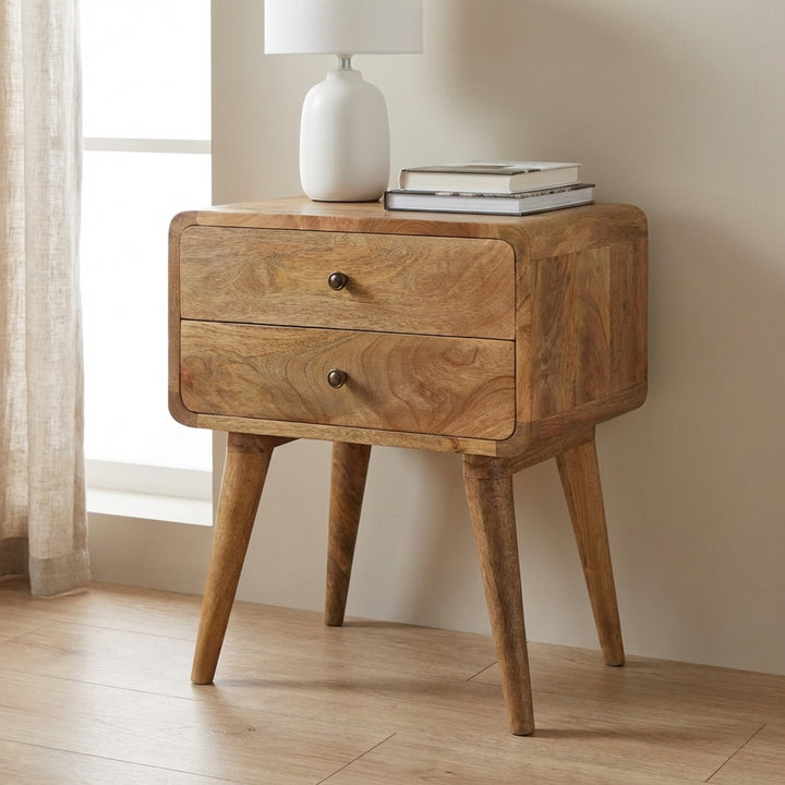 Curved Oak-ish Nightstand - Solid Mango Wood Bedside Table for Bedroom - main view showing handcrafted solid mango wood...