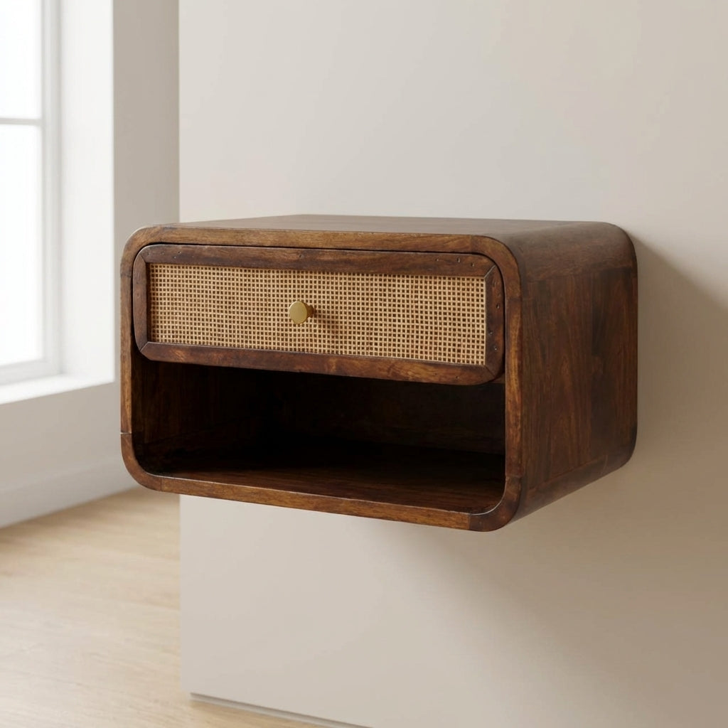 Chestnut Wall Mounted Open Woven Nightstand - Solid Mango Wood Bedside Table for Bedroom - main view showing handcrafted...