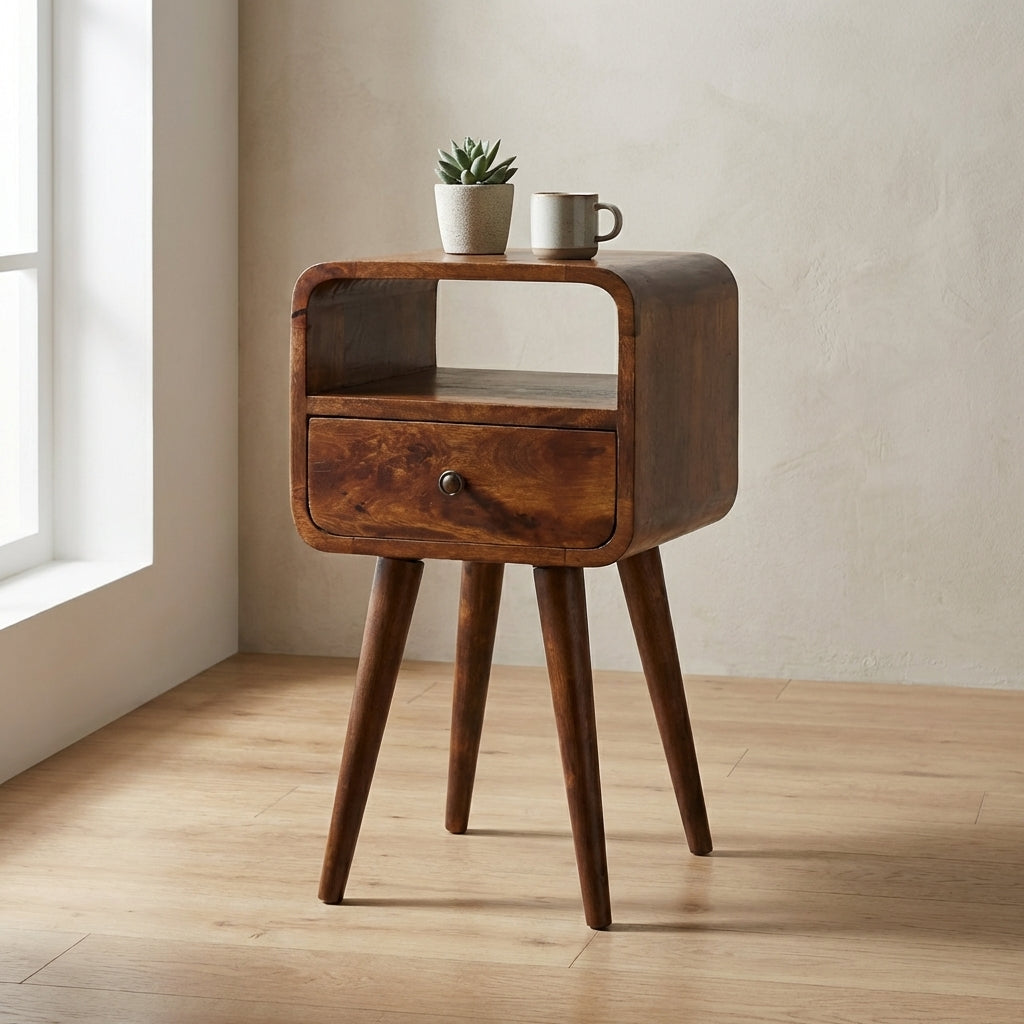 Mini Chestnut Curve Open Nightstand - Solid Mango Wood Bedside Table for Bedroom - main view showing handcrafted solid...