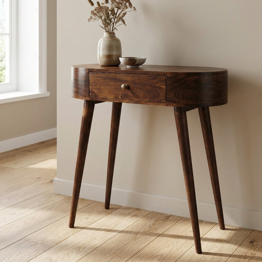 California Walnut Rounded Console Table - Solid Mango Wood Hallway Console for Entryway - main view showing handcrafted...