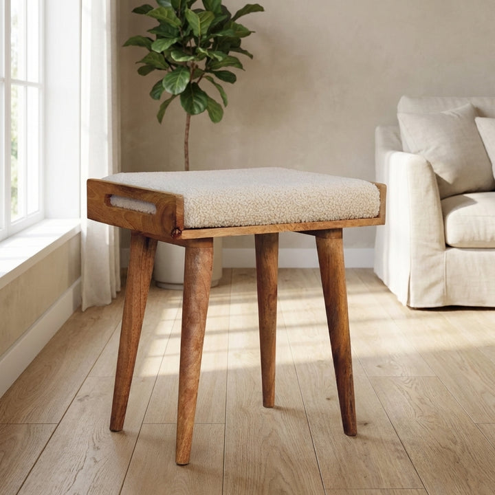Handcrafted Boucle Cream Tray Style Footstool - Solid Mango Wood Accent Stool for Living Room - main view showing...