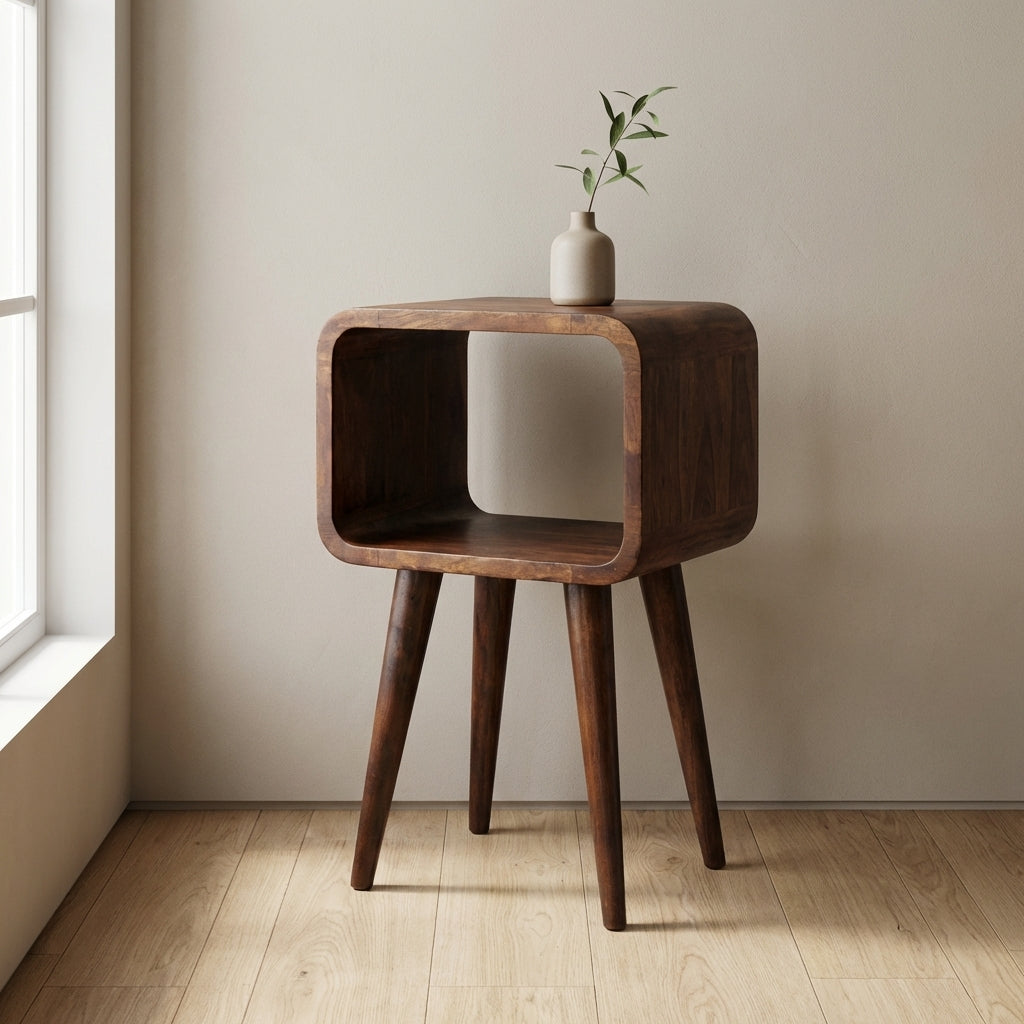 Mini Chestnut Curved Open Nightstand - Solid Mango Wood Bedside Table for Bedroom - main view showing handcrafted solid...