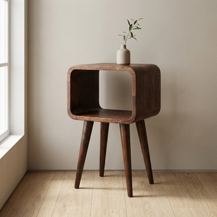Mini Chestnut Curved Open Nightstand - Solid Mango Wood Bedside Table for Bedroom - main view showing handcrafted solid...