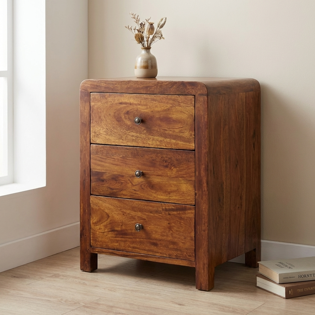 Mid-Century Modern Naya Nightstand - Solid Mango Wood Bedside Table for Bedroom - main view showing handcrafted solid...