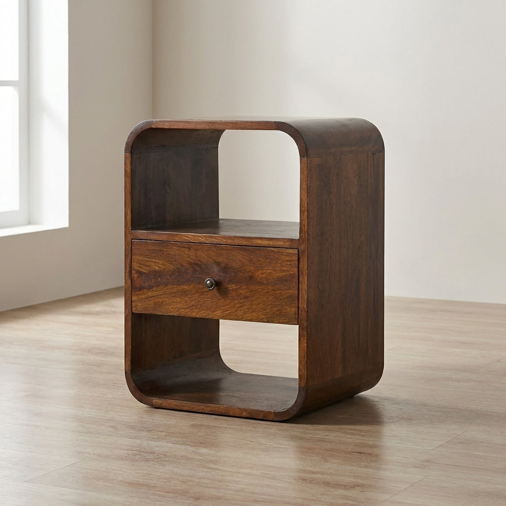 Chestnut Curved Edge Nightstand - Solid Mango Wood Bedside Table for Bedroom - main view showing handcrafted solid mango...