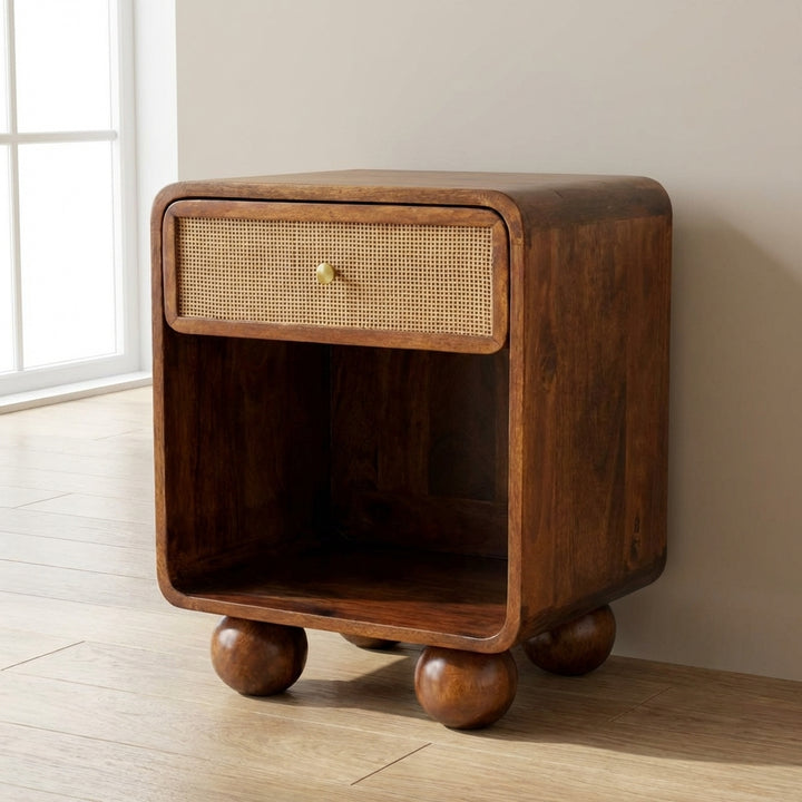 Chestnut Open Woven Nightstand - Solid Mango Wood Bedside Table for Bedroom - main view showing handcrafted solid mango...