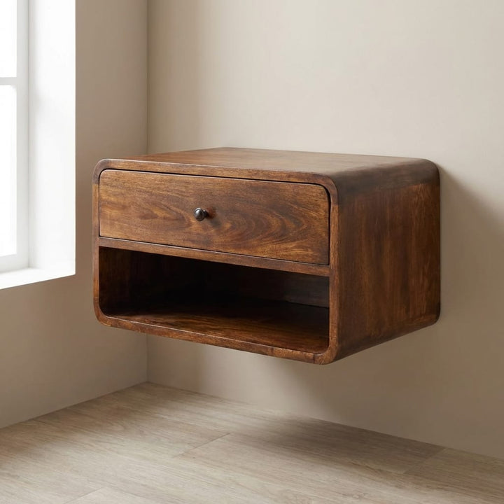 Chestnut Curve Floating Nightstand - Solid Mango Wood Bedside Table for Bedroom - main view showing handcrafted solid...