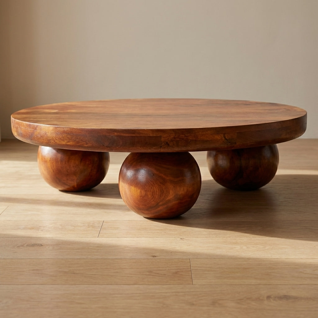 Chestnut Central Ball Coffee Table - Solid Mango Wood Center Table for Living Room - main view showing handcrafted solid...