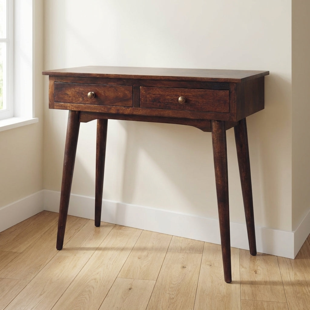 California Walnut Hallway 2 Drawer Console Table - Solid Mango Wood Hallway Console for Entryway - main view showing...
