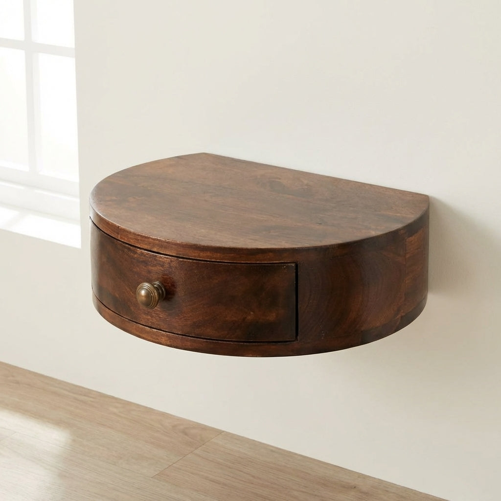 Handcrafted California Walnut Wall Mounted Rounded Nightstand - Solid Mango Wood Bedside Table for Bedroom - main view...