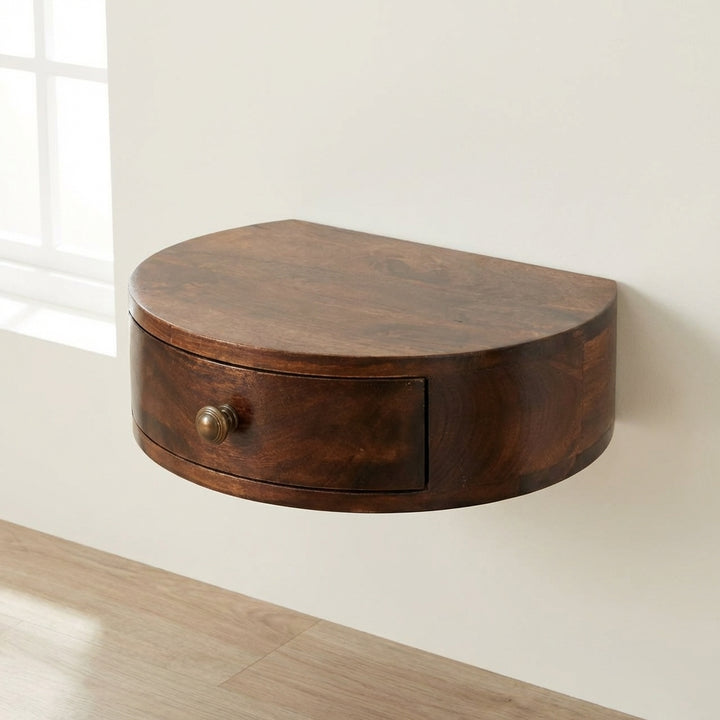 Handcrafted California Walnut Wall Mounted Rounded Nightstand - Solid Mango Wood Bedside Table for Bedroom - main view...