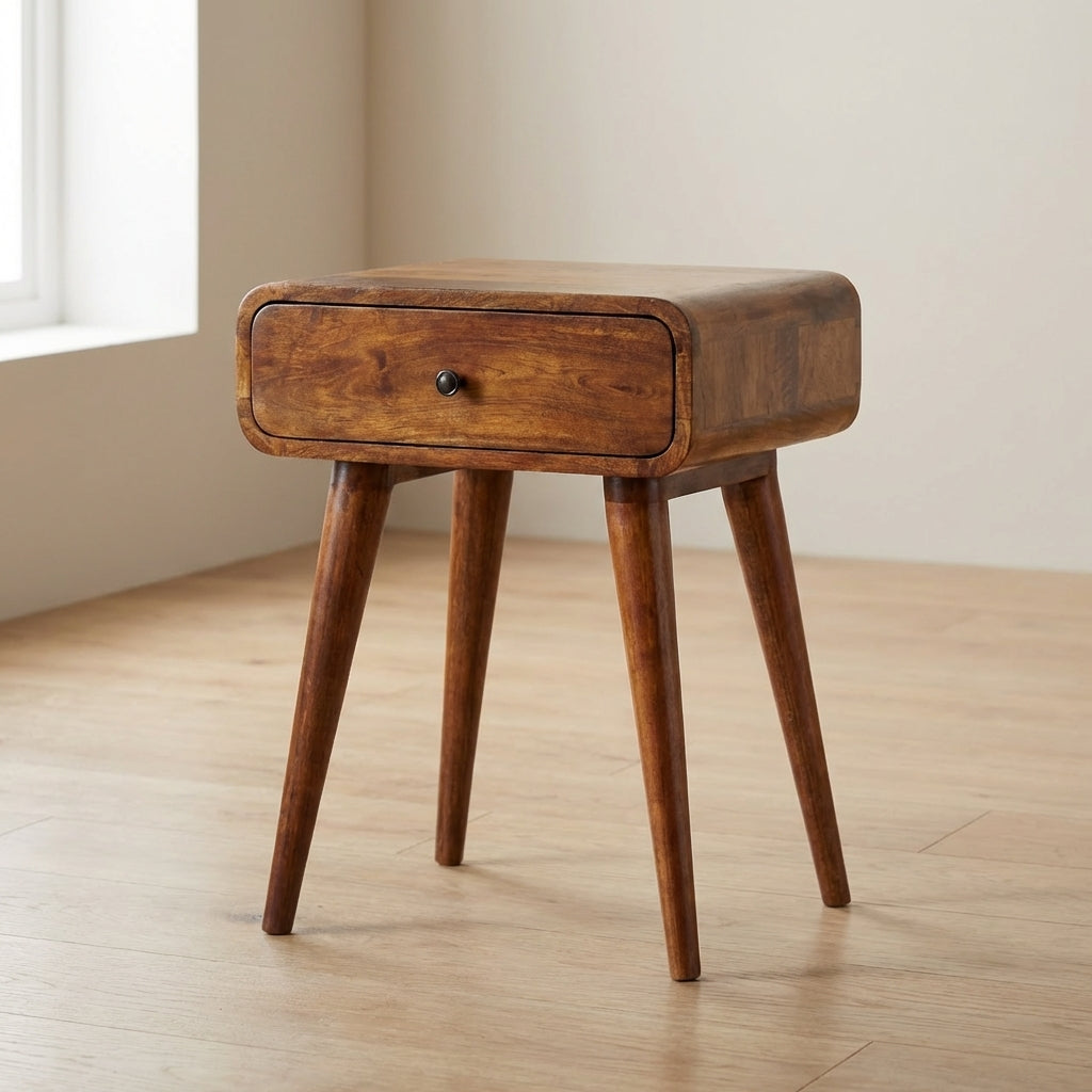 Mid-Century Modern Chestnut Nightstand - Solid Mango Wood Bedside Table for Bedroom - main view showing handcrafted solid...