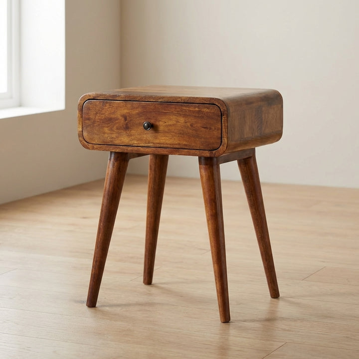 Mid-Century Modern Chestnut Nightstand - Solid Mango Wood Bedside Table for Bedroom - main view showing handcrafted solid...