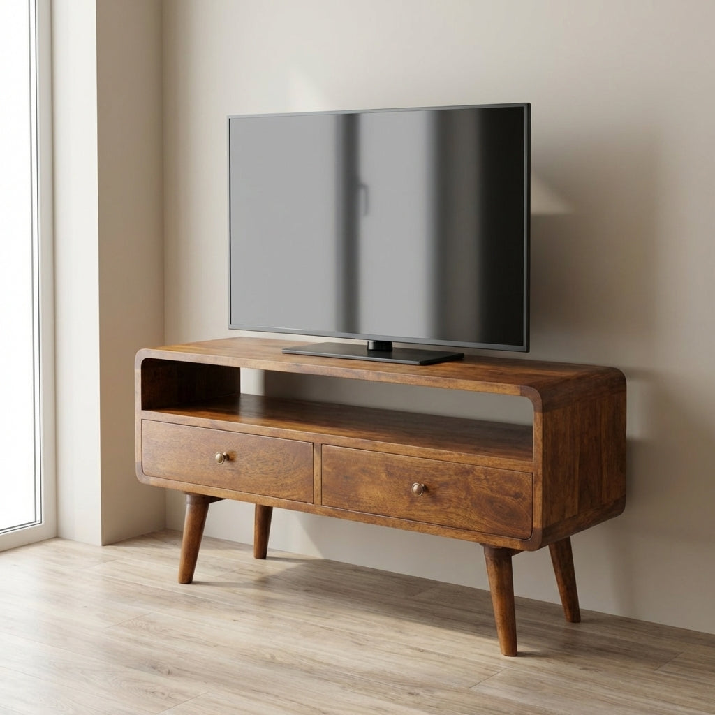 Mid-Century Modern Curved Chestnut TV Stand - Solid Mango Wood Entertainment Center for Living Room - main view showing...