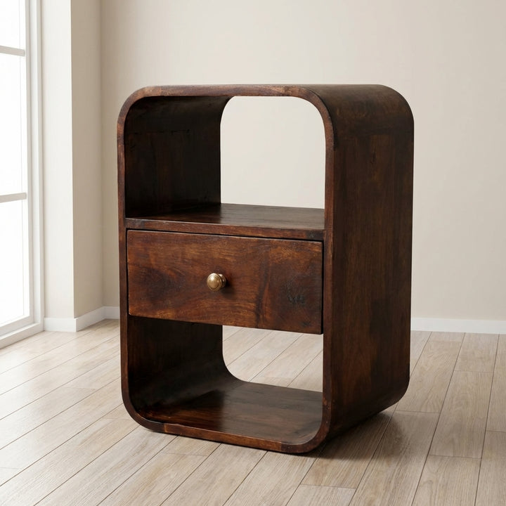 California Walnut Curved Edge Nightstand - Solid Mango Wood Bedside Table for Bedroom in a modern bedroom setting.