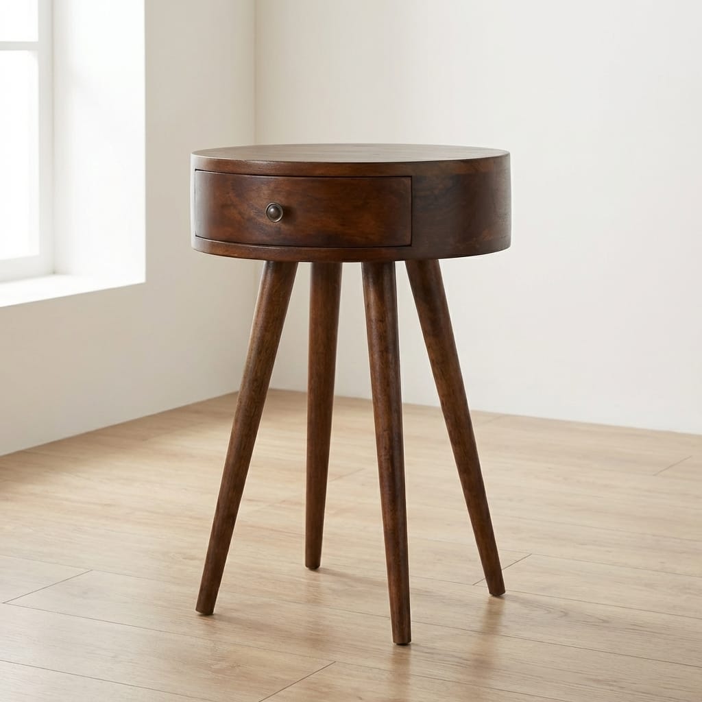 Nordic Chestnut Circular Nightstand - Solid Mango Wood Bedside Table for Bedroom - main view showing handcrafted solid...