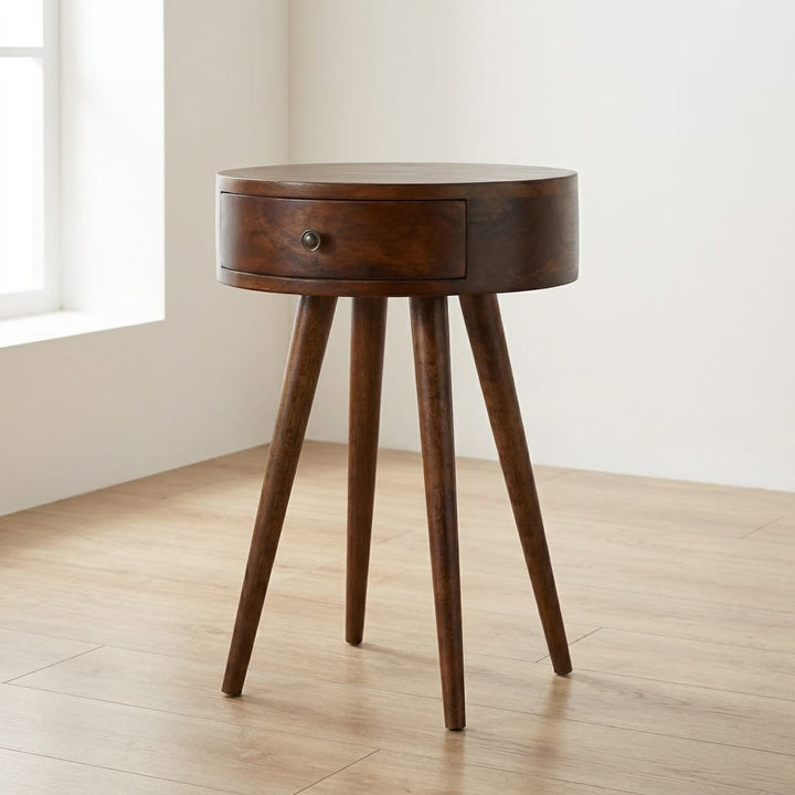 Nordic Chestnut Circular Nightstand - Solid Mango Wood Bedside Table for Bedroom - main view showing handcrafted solid...