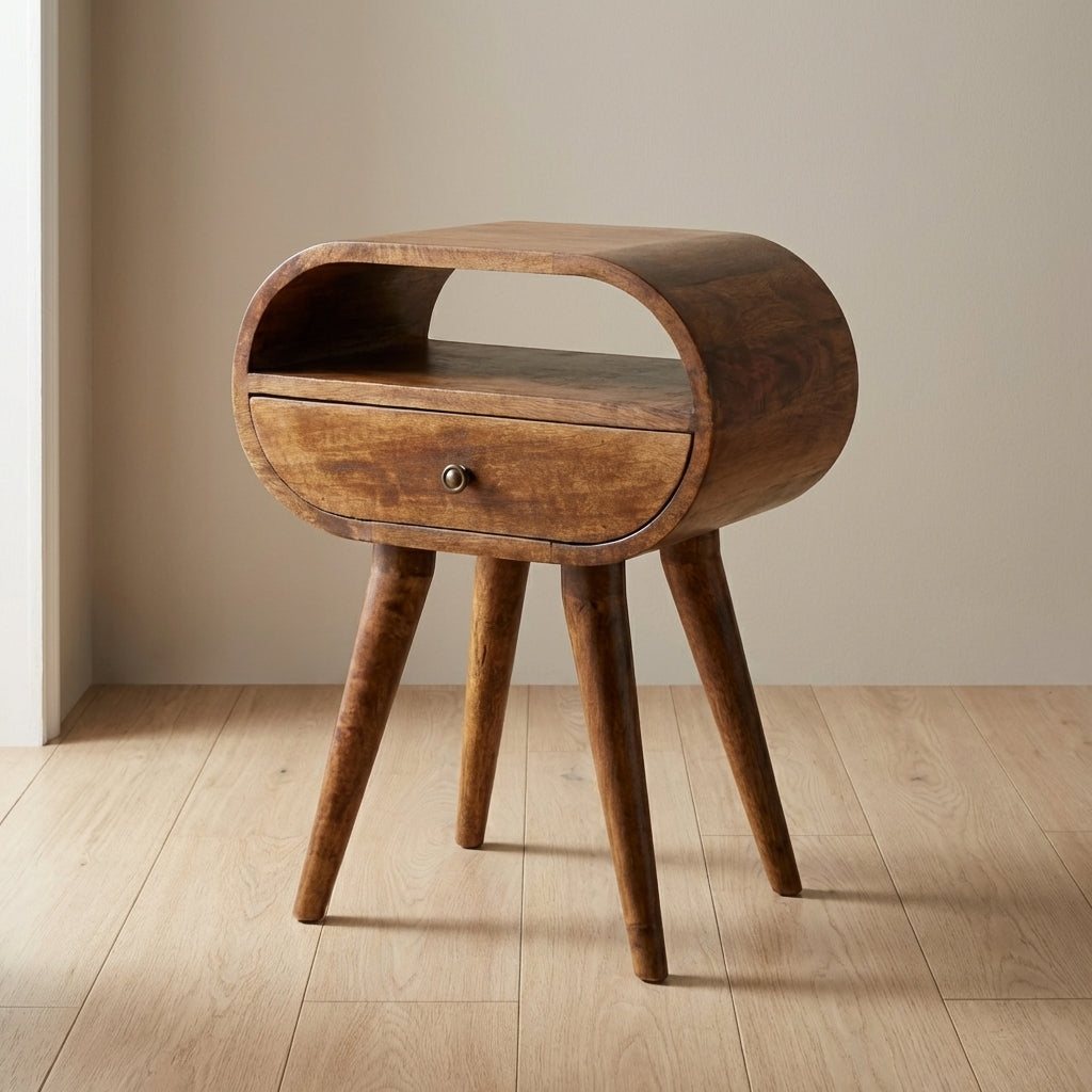 Chestnut 1 Drawer Nightstand - Solid Mango Wood Bedside Table for Bedroom - main view showing handcrafted solid mango...