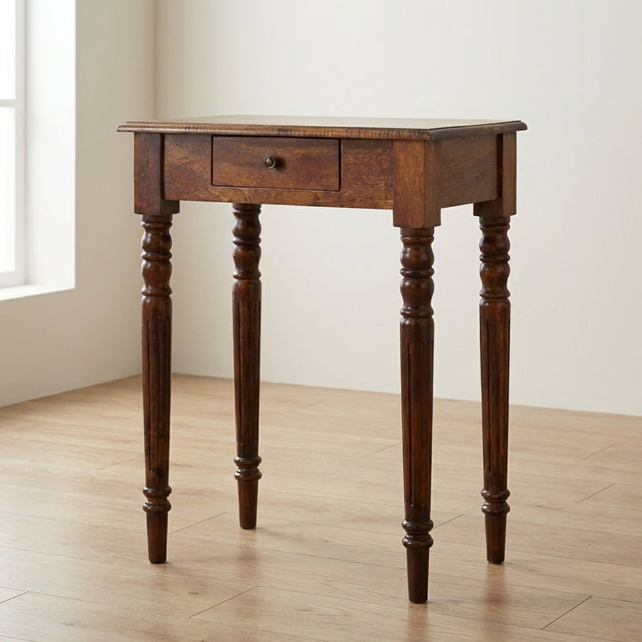 Chestnut Turned Leg Writing Desk - Solid Mango Wood Writing Table for Home Office - main view showing handcrafted solid...