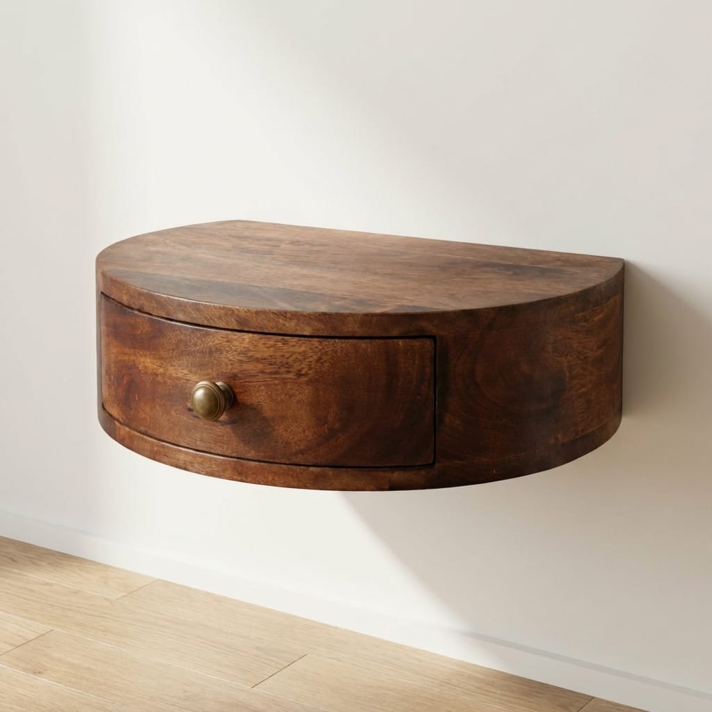 Honey Caramel Wall Mounted Rounded Nightstand - Solid Mango Wood Bedside Table for Bedroom - main view showing...
