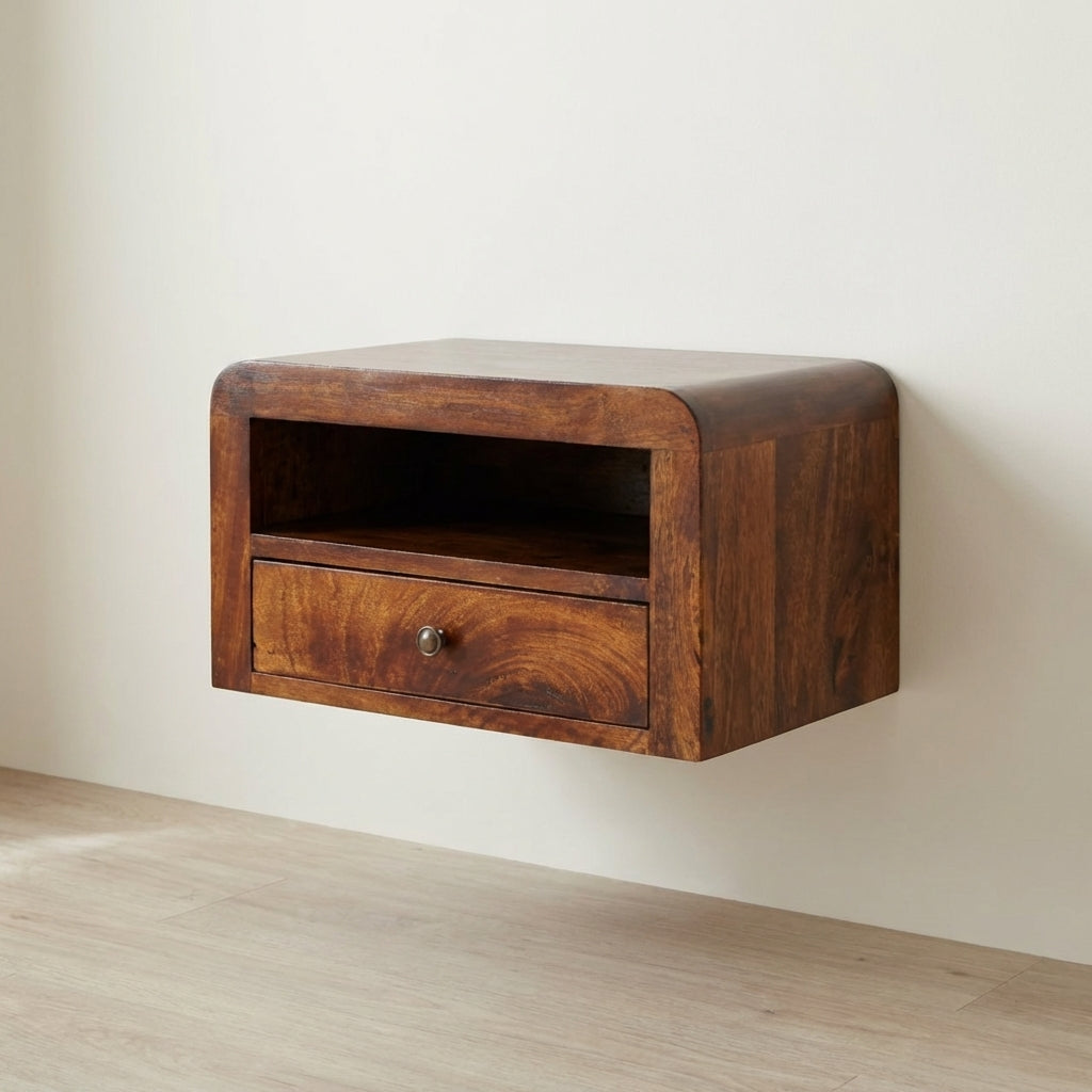 Chunky Chestnut 1 Drawer Floating Nightstand - Solid Mango Wood Bedside Table for Bedroom - main view showing handcrafted...