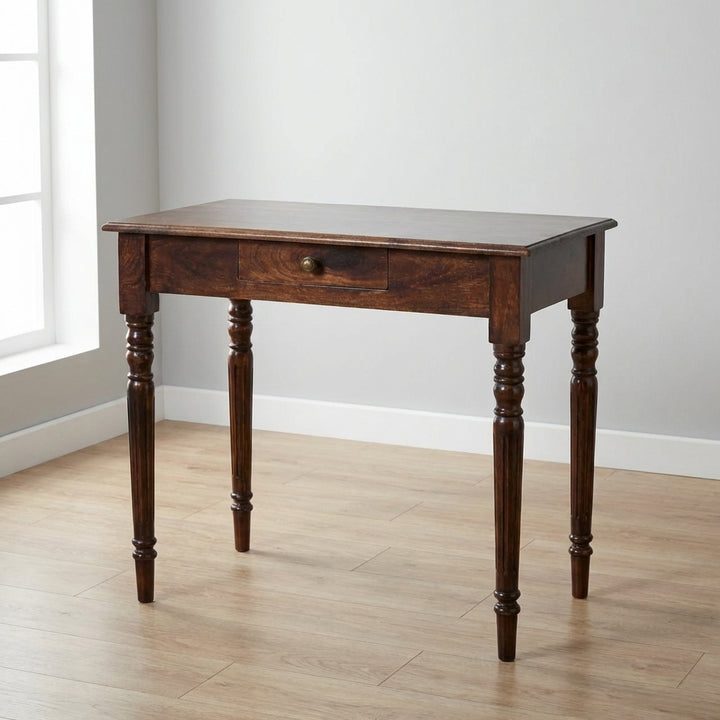 California Walnut Writing Desk - Solid Mango Wood Writing Table for Home Office - main view showing handcrafted solid...