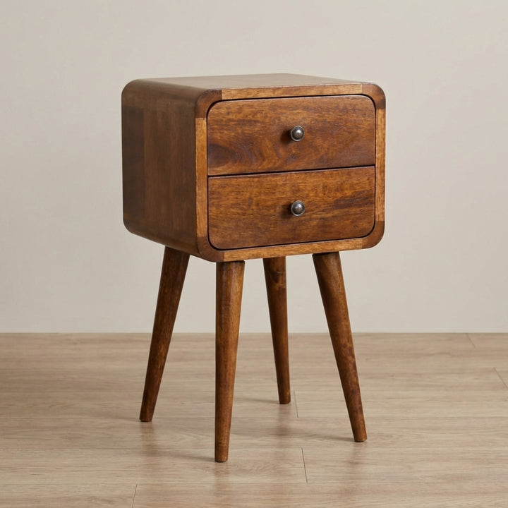 Handcrafted Mini Chestnut Curved Nightstand - Solid Mango Wood Bedside Table for Bedroom - main view showing handcrafted...
