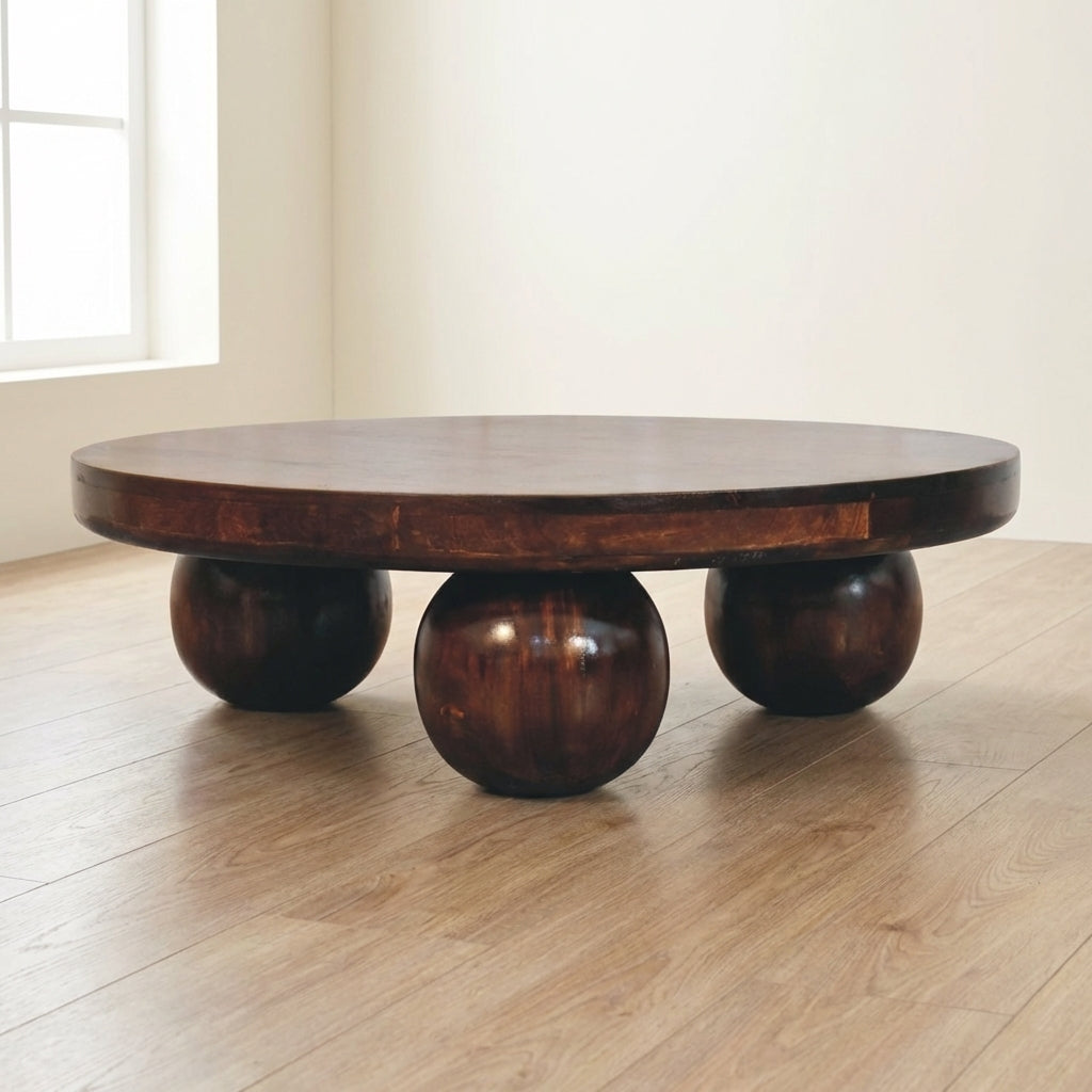 California Walnut Solid Mango Wood Coffee Table with Ball Feet - main view showing handcrafted solid mango wood coffee table
