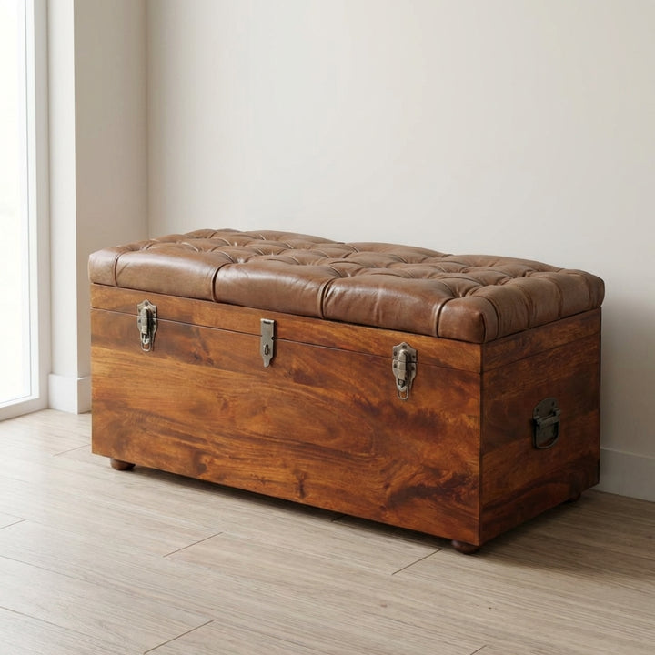 Handcrafted Buffalo Hide Chestnut Storage Trunk - Solid Mango Wood Blanket Chest for Bedroom - main view showing...