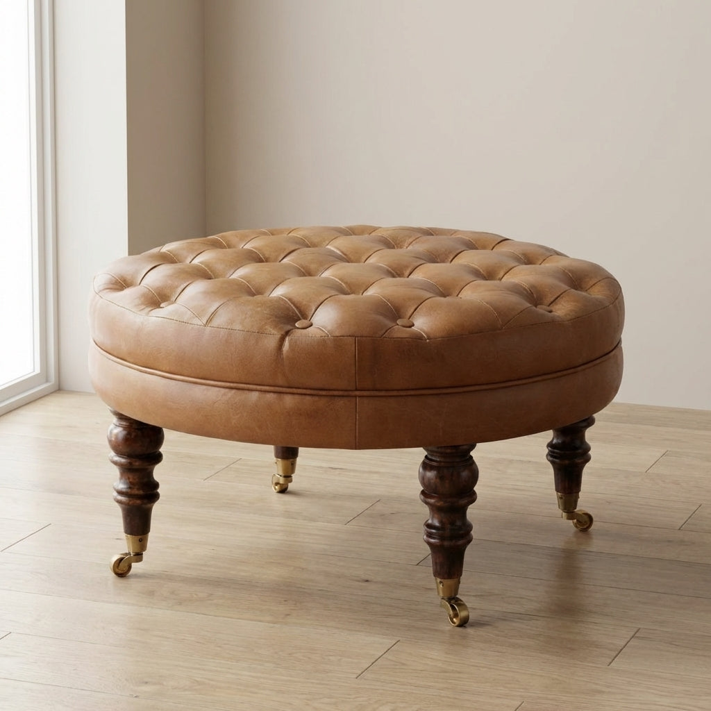 Brown Buffalo Leather Round Ottoman - Solid Mango Wood Accent Stool for Living Room - main view showing handcrafted solid...