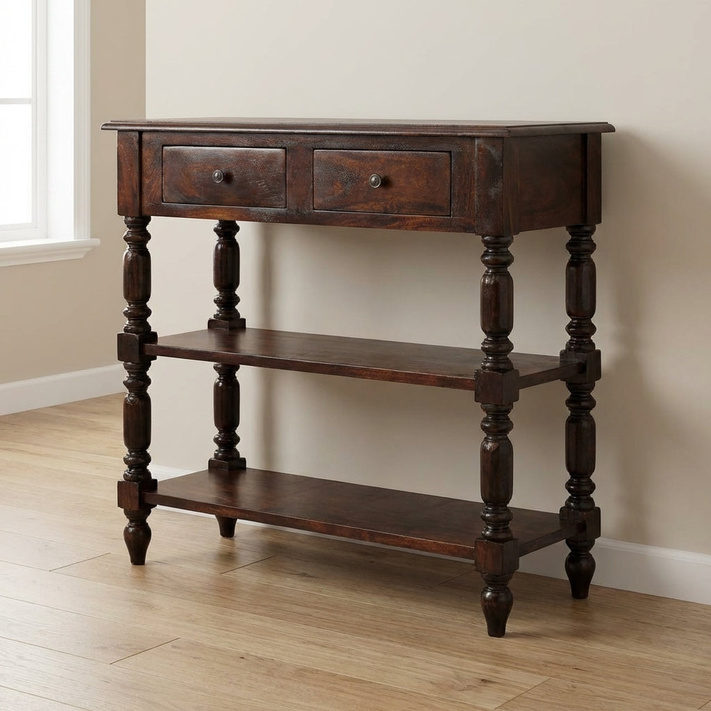 Turned legs Cherry End Table - Solid Mango Wood Side Table for Living Room - main view showing handcrafted solid mango...