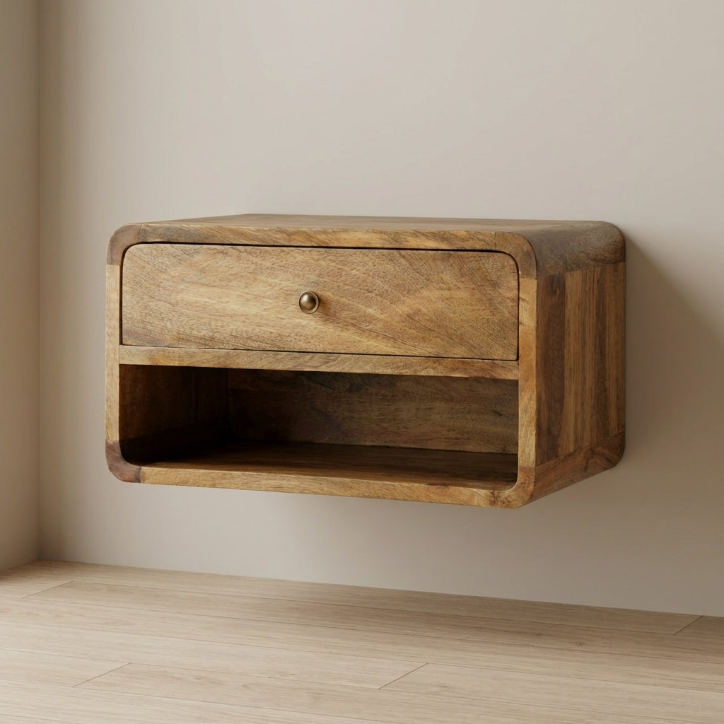 Floating Curve Open Slot Nightstand - Solid Mango Wood Bedside Table for Bedroom - main view showing handcrafted solid...
