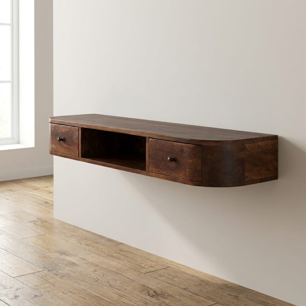 Handcrafted Lunar 2 Drawer Floating Console Table - Entryway & Hallway Table in Solid Mango Wood - main view showing...