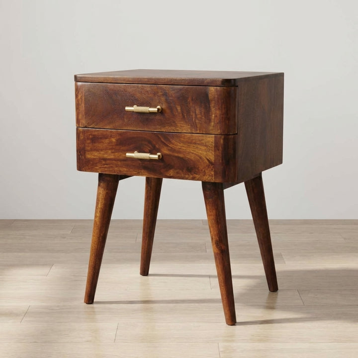Chestnut T-Bar Nordic Nightstand - Solid Mango Wood Bedside Table for Bedroom - main view showing handcrafted solid mango...