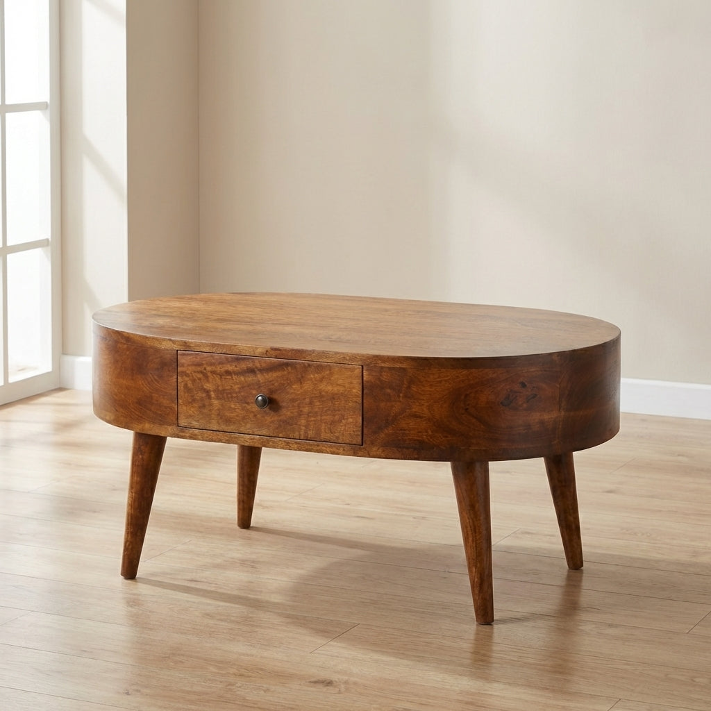 Chestnut Rounded Coffee Table - Solid Mango Wood Center Table for Living Room - main view showing handcrafted solid mango...