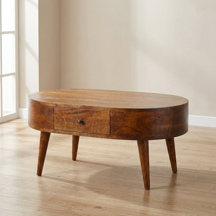 Chestnut Rounded Coffee Table - Solid Mango Wood Center Table for Living Room - main view showing handcrafted solid mango...