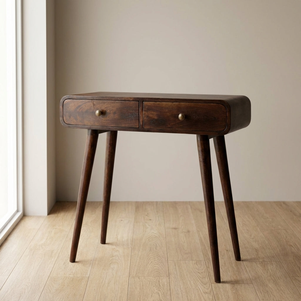 California Walnut Curved Solid Mango Wood Console Table - main view showing handcrafted solid mango wood console table